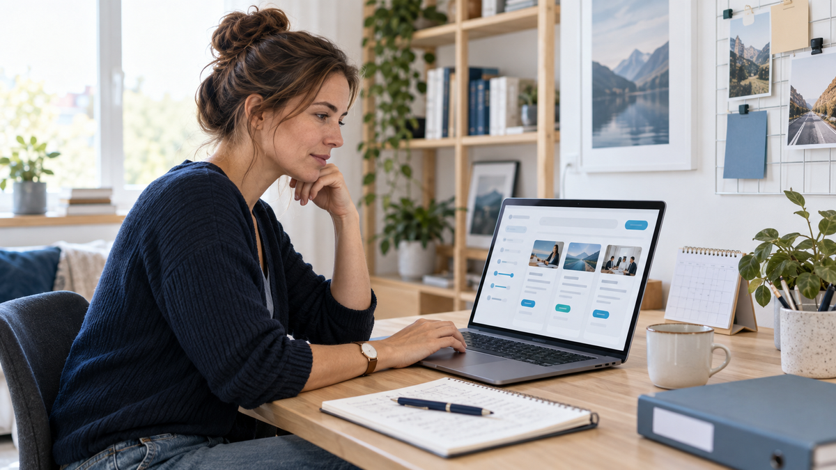 Berufstätige vergleicht am Laptop Weiterbildungsangebote und Lernformen