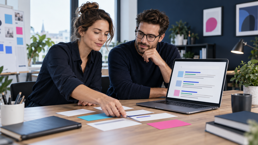Marketing-Team entwickelt Meta Title und Meta Description für SEO-Inhalte