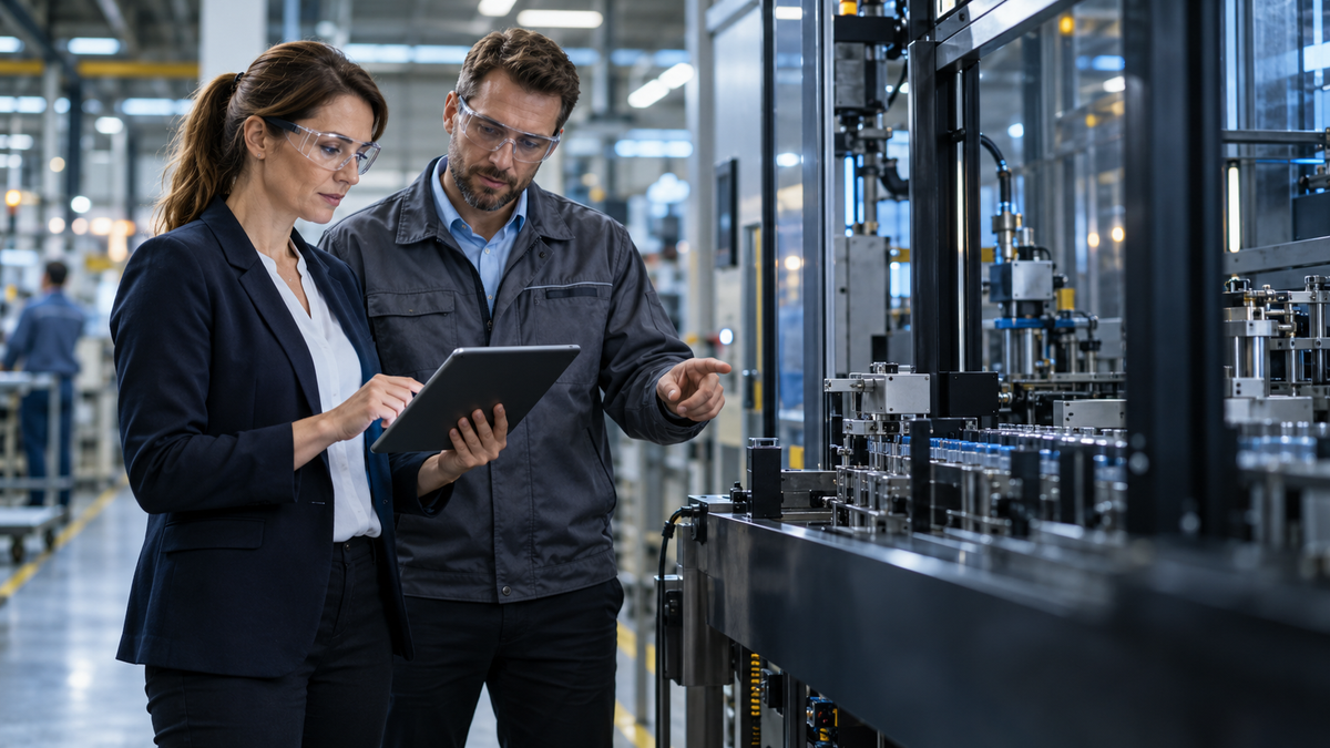 Produktionsmanagerin und Prozessingenieur analysieren Anlagenkennzahlen an einer modernen Fertigungslinie