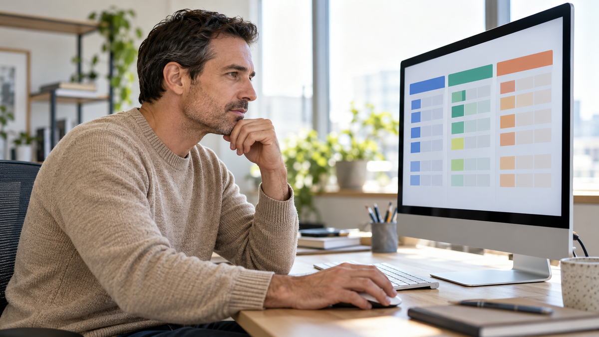 Berufserfahrener Mann mit kurzem dunklem Haar und sandfarbenem Pullover betrachtet eine abstrahierte Datentabelle auf einem Bildschirm im hellen Büro.