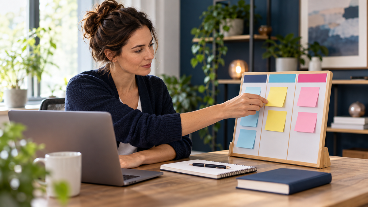 Berufstätige Teilnehmerin organisiert Lernaufgaben an einem persönlichen Kanban-Board neben ihrem Laptop
