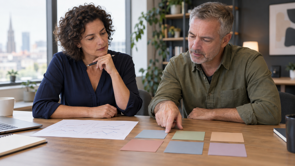 Zwei berufserfahrene Erwachsene besprechen an einem Tisch Diagramme und sechs Gruppen farbiger Karten zur Analyse des Unternehmensumfelds.