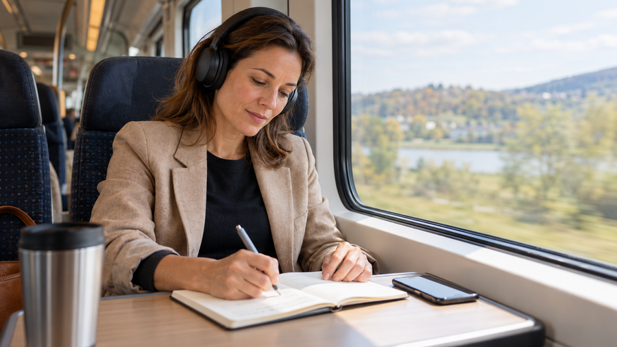 Berufstätige Teilnehmerin hört im Zug einen Lernpodcast und notiert zentrale Gedanken