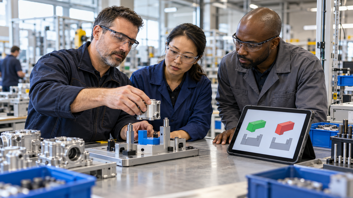 Drei Fachkräfte testen eine Poka-Yoke-Vorrichtung an einem modernen Produktionsarbeitsplatz