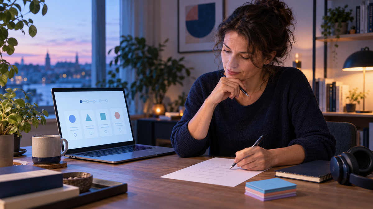 Berufstätige Teilnehmerin beantwortet Vorfragen vor einer Online-Lerneinheit am Laptop