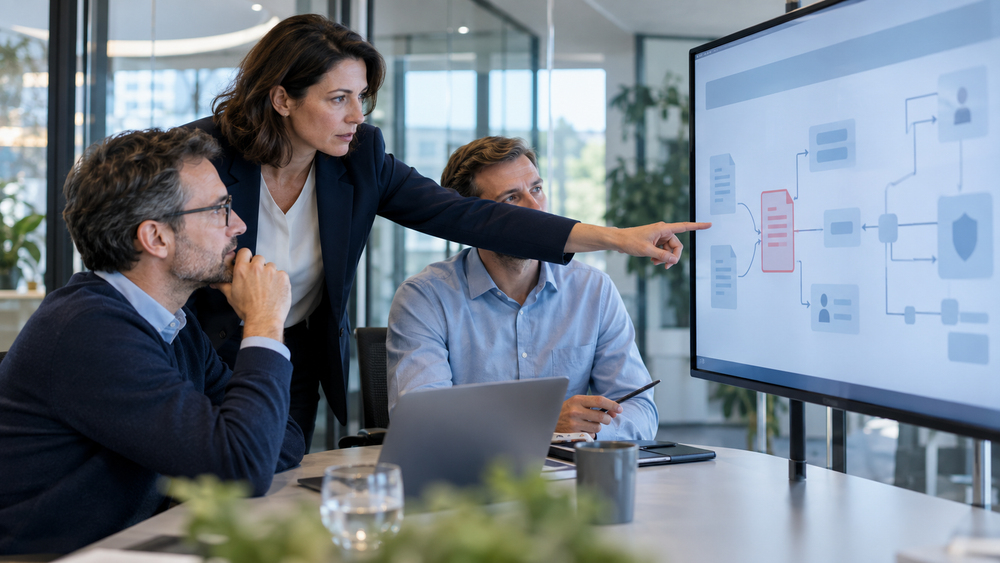 Team prüft einen KI-Workflow auf Prompt-Injection-Risiken und sichere Freigaben