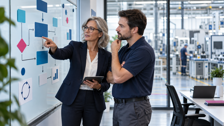 Qualitätsmanagerin und Produktionsleiter klären Prozessverantwortung an einer Prozessübersicht
