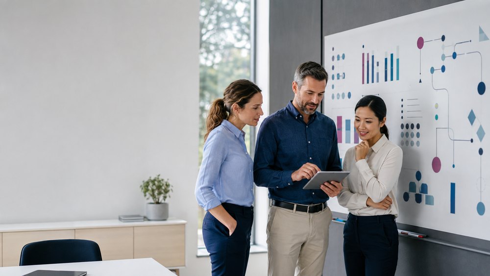 Drei Fachkräfte analysieren gemeinsam abstrakte Prozesskennzahlen im Qualitätsmanagement
