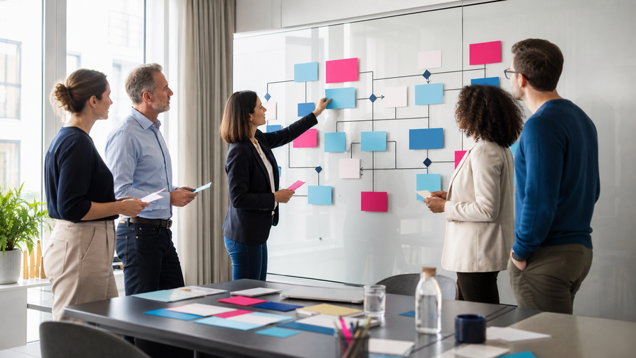 Team ordnet in einem Workshop Prozesse und Schnittstellen für das Qualitätsmanagement