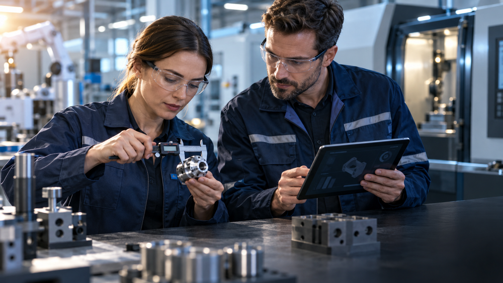Zwei Fachkräfte prüfen ein Metallbauteil mit Messschieber und Tablet in einer modernen Fertigung