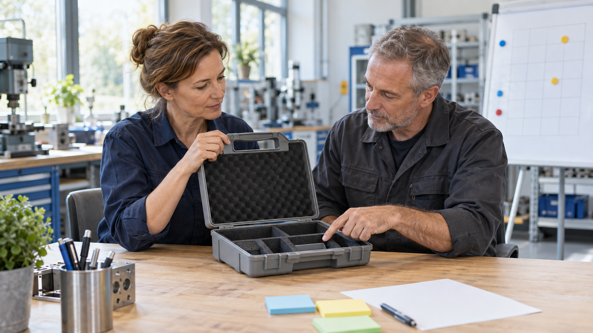 Zwei erfahrene Fachkräfte besprechen Griff und Innenaufteilung einer grauen Transportbox in einem modernen Entwicklungsworkshop.