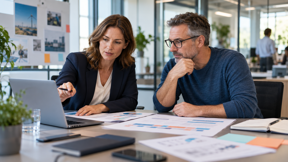 Personalverantwortliche und Beschäftigter planen gemeinsam eine Weiterbildung für den Antrag auf Qualifizierungsgeld