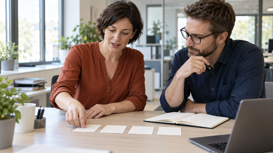 Eine Berufstätige aus dem Bürobereich bespricht mit einem Kollegen einen Arbeitsablauf anhand von vier leeren Karten.