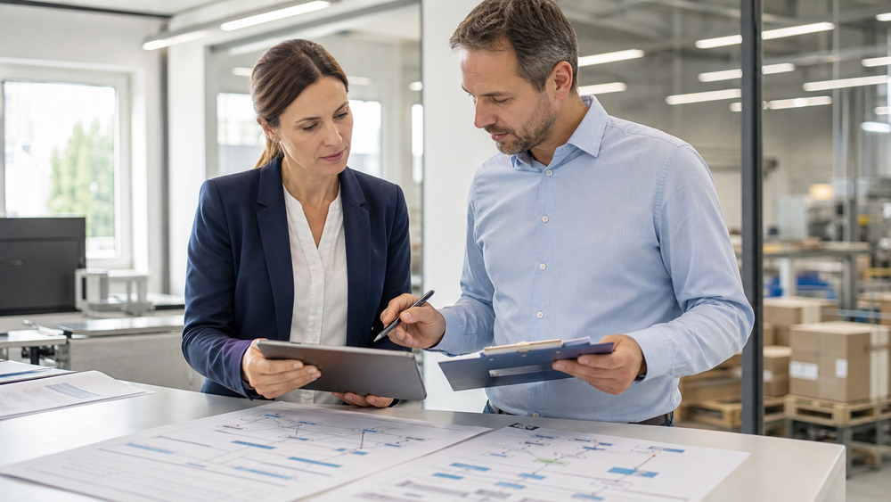 Qualitätsmanagement-Team bei der gemeinsamen Prüfung von Prozessen und Auditunterlagen