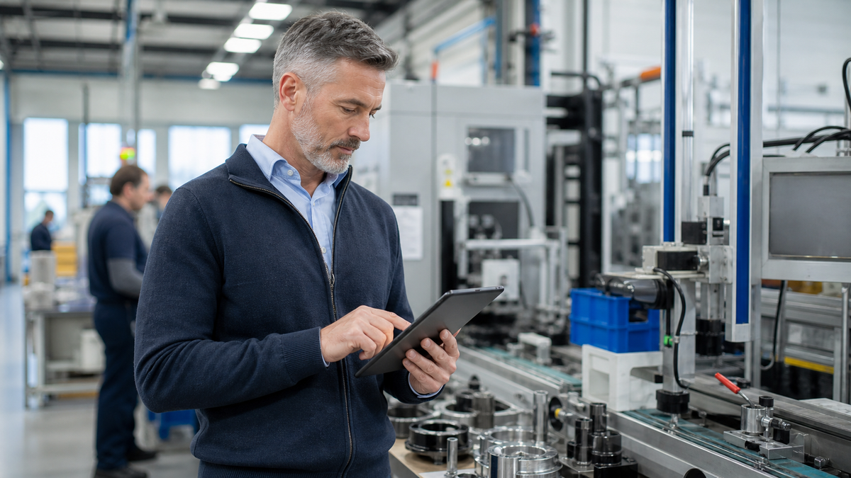 Qualitätsmanagement-Fachkraft prüft einen Produktionsprozess mit einem Tablet