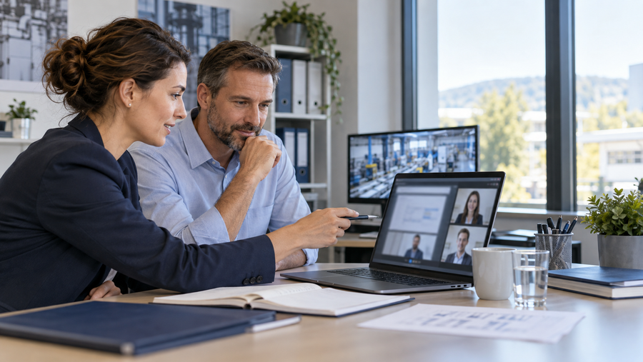 Qualitätsauditorin und Prozessverantwortlicher prüfen am Laptop Nachweise in einer Videokonferenz, während ein Monitor eine Fertigung zeigt
