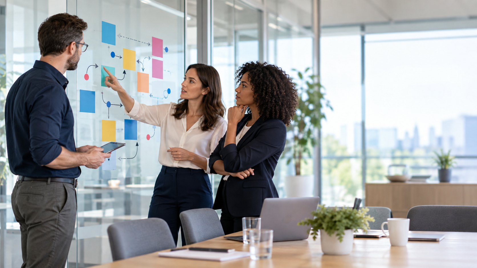 Drei Fachkräfte bewerten gemeinsam Prozessrisiken im Qualitätsmanagement