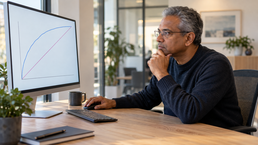 Berufserfahrener Analyst mit Brille betrachtet unbeschriftete Modellbewertungskurven auf einem großen Monitor in einem modernen Büro.