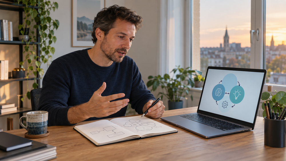 Berufstätiger erklärt sich Lerninhalte während einer digitalen Weiterbildung am Schreibtisch