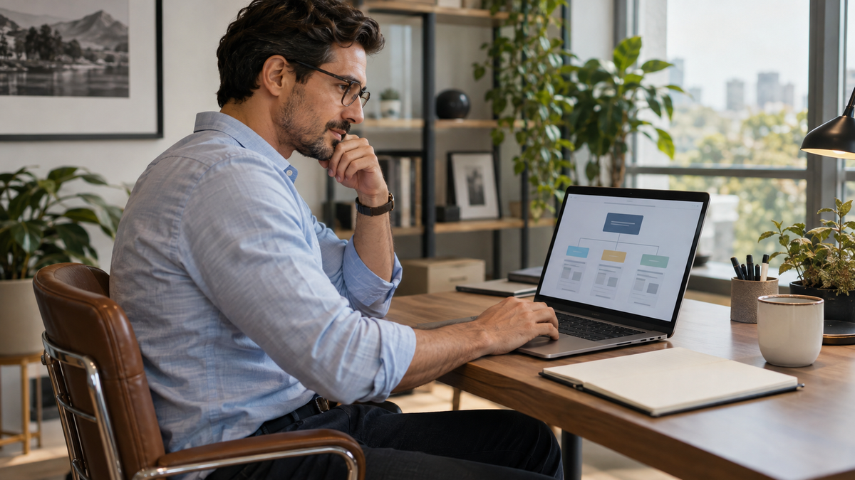 Digital-Marketing-Fachkraft prüft eine Website-Verlinkung auf einem Laptop an einem ruhigen Arbeitsplatz