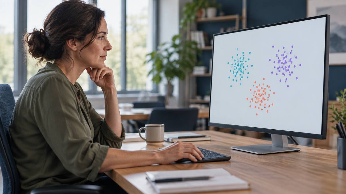 Analystin in olivgrüner Bluse betrachtet farbige Datencluster auf einem großen Monitor in einem hellen Arbeitsraum.