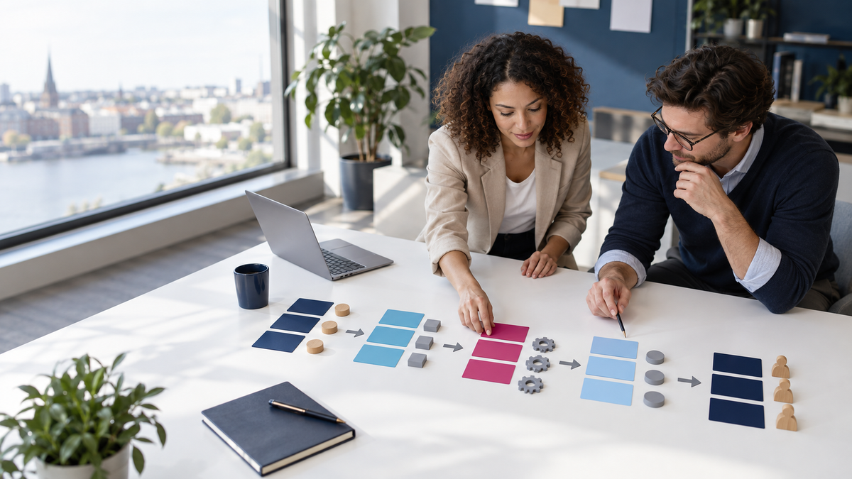 Zwei Qualitätsfachleute ordnen Prozessschritte und Schnittstellen für ein SIPOC-Diagramm