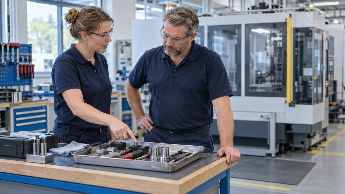 Zwei Fachkräfte mit Schutzbrillen besprechen vorbereitete Werkzeuge auf einem separaten Arbeitstisch vor einer geschlossenen Produktionsmaschine.