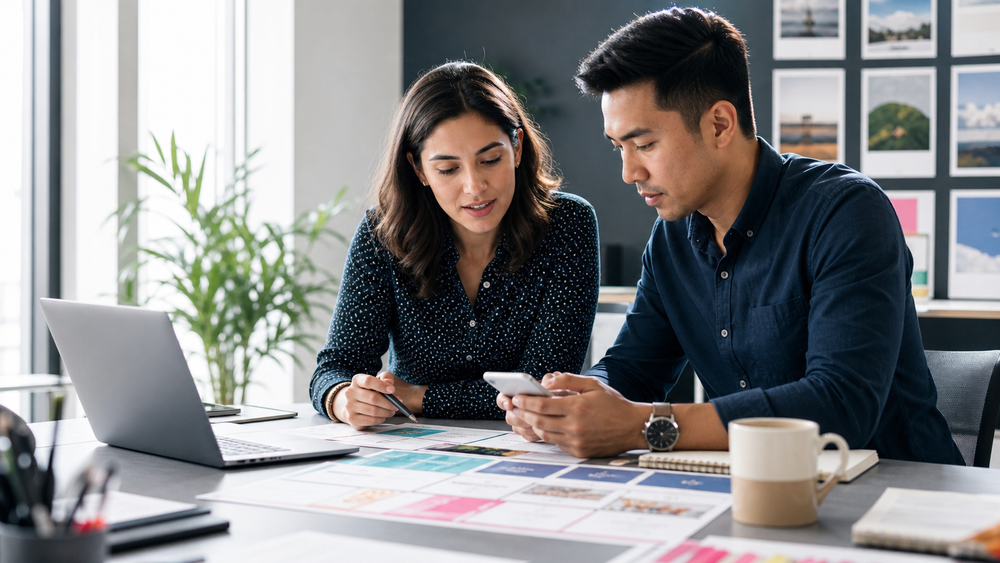 Zwei Marketingfachleute planen gemeinsam eine Social-Media-Content-Strategie