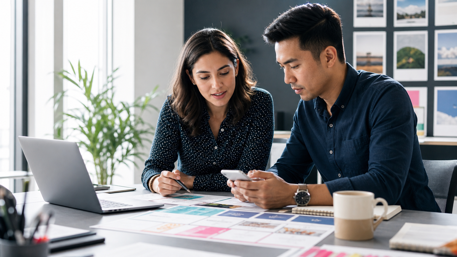 Zwei Marketingfachleute planen gemeinsam eine Social-Media-Content-Strategie