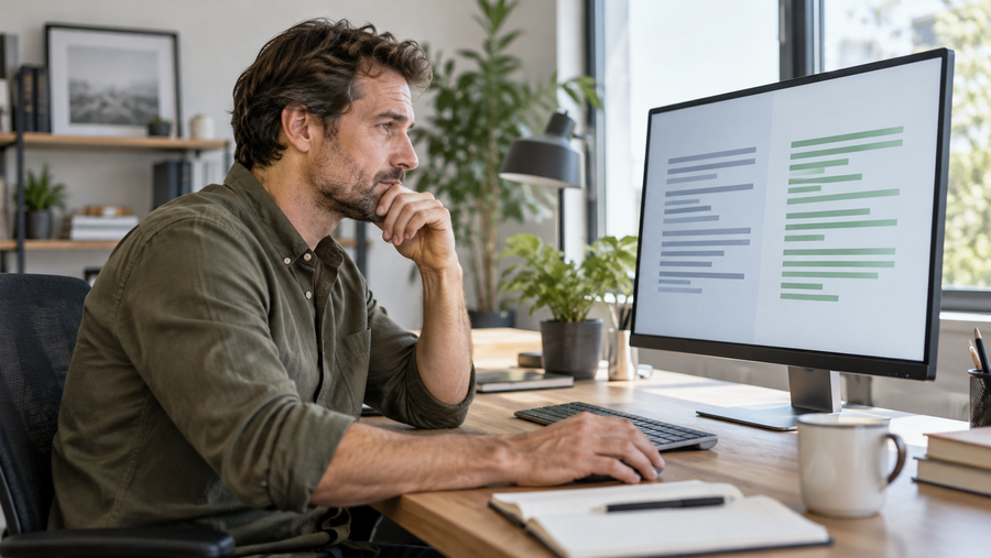 Mann mit dunkelbraunem Haar und olivgrünem Hemd prüft an einem Bildschirm im hellen Büro zwei abstrahierte Textdarstellungen.