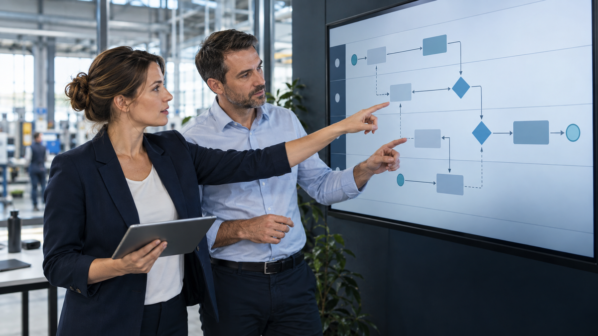 Qualitätsmanagerin und Prozessverantwortlicher analysieren gemeinsam einen bereichsübergreifenden Ablauf auf einem digitalen Prozessboard