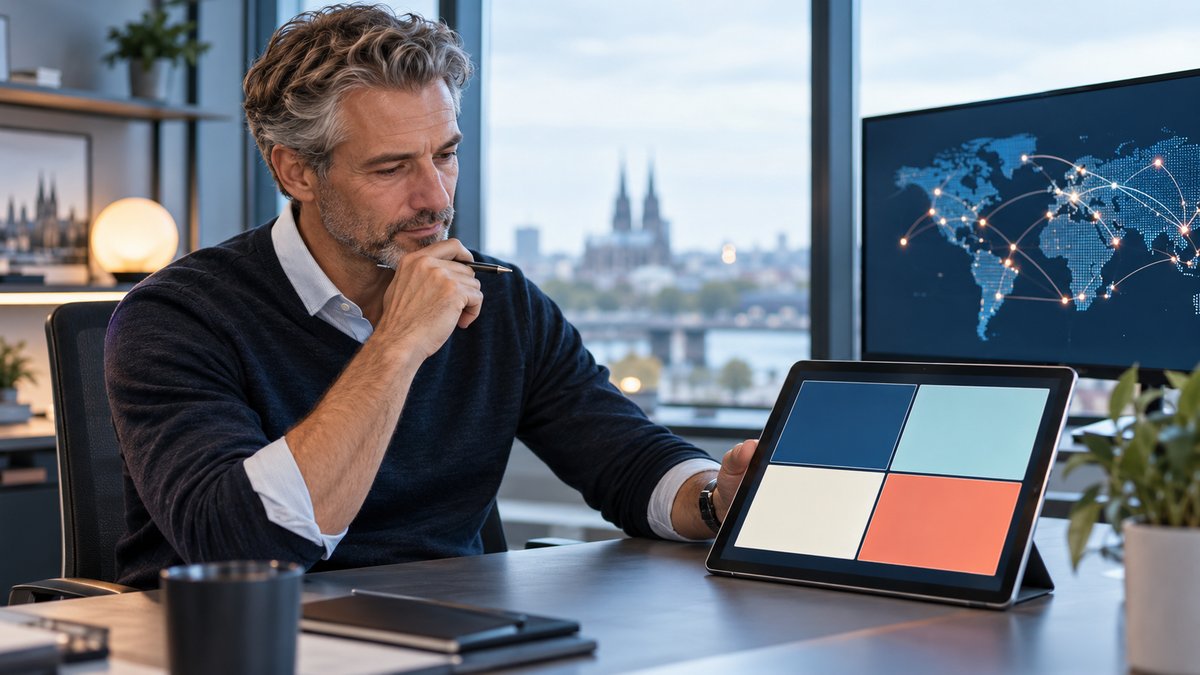 Berufserfahrener MBA-Interessent strukturiert Praxiswissen auf einer SWOT-Matrix für eine globale Strategie