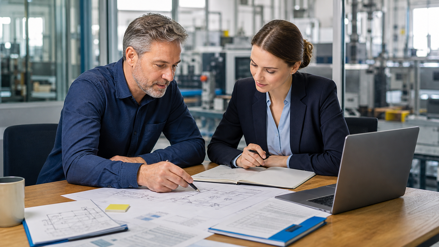 Technischer Betriebswirt bespricht technische Prozesse und Unternehmensstrategie