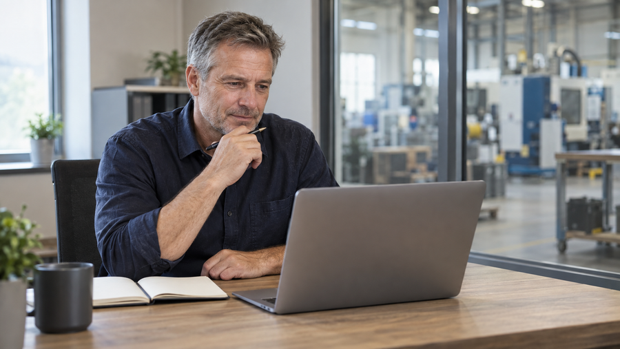 Berufserfahrener Mann arbeitet in einem ruhigen Büro neben einer Produktionshalle mit Laptop und Notizbuch an seiner betriebswirtschaftlichen Weiterbildung.