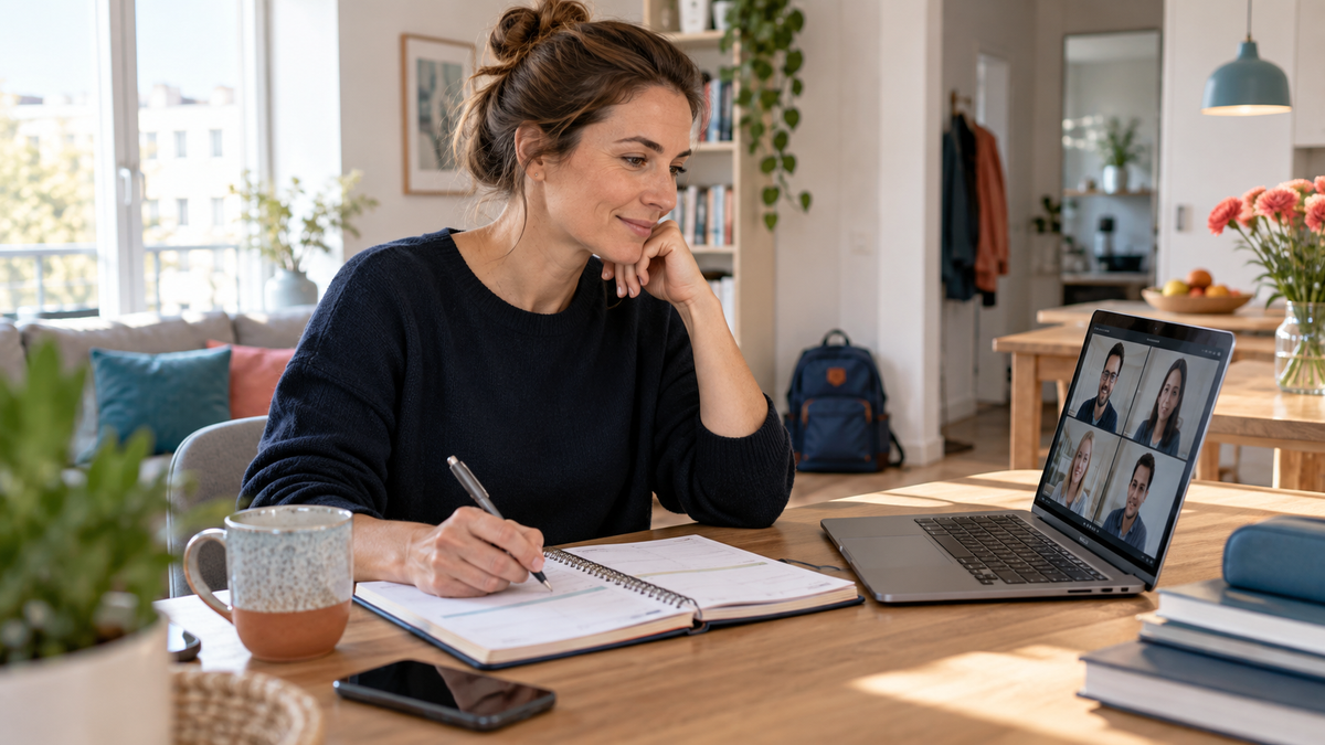 Teilnehmerin plant eine Teilzeit-Weiterbildung am Laptop mit Wochenkalender