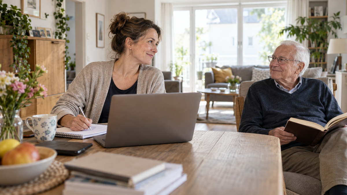 Berufstätige Frau lernt am Laptop, während ihr älterer Vater neben ihr liest