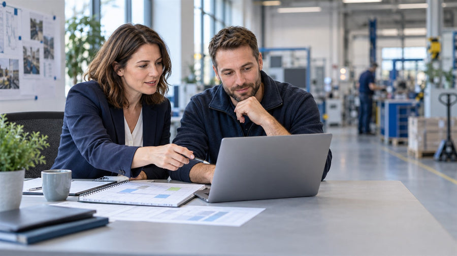 Personalverantwortliche und Beschäftigter planen gemeinsam eine Weiterbildung während Kurzarbeit in einem Produktionsbetrieb