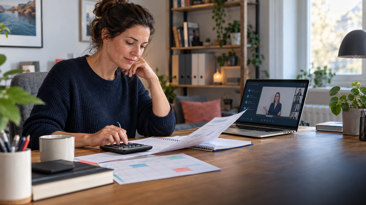 Teilnehmerin einer Online-Weiterbildung plant Lernzeit und finanzielle Unterstützung