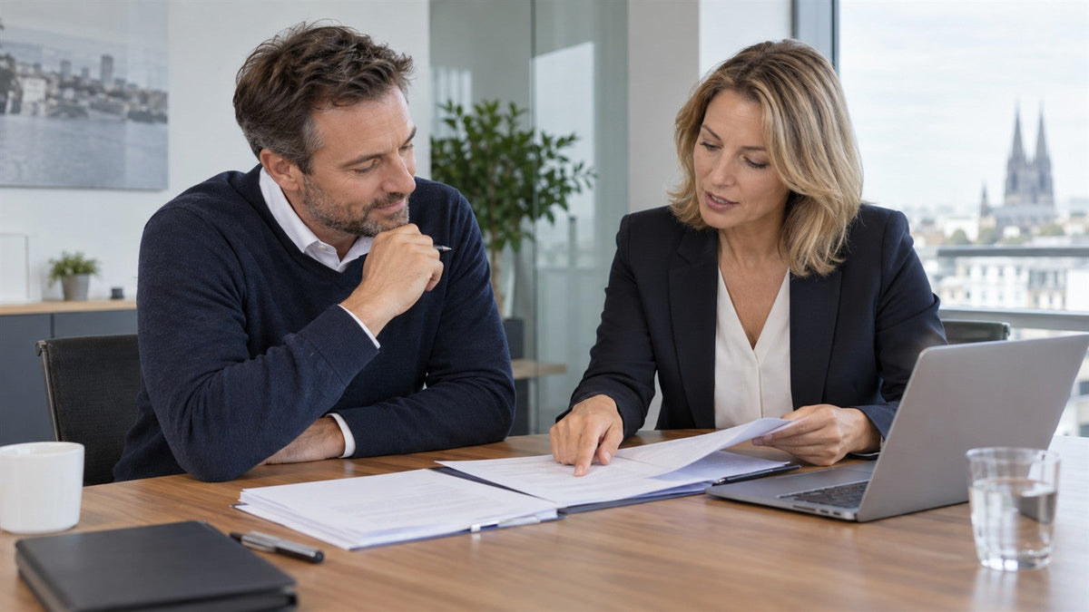 Beschäftigter und Personalverantwortliche prüfen gemeinsam eine Weiterbildungsvereinbarung im Büro