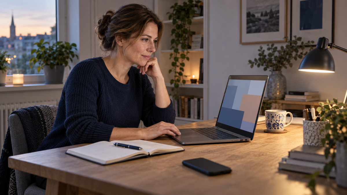 Berufserfahrene Frau beginnt am heimischen Schreibtisch eine Online-Lerneinheit am Laptop; Notizbuch und Stift liegen bereit, das Smartphone ist zur Seite gelegt.