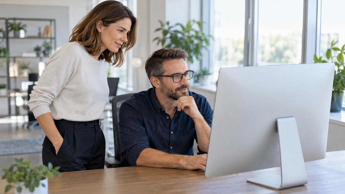 SEO-Fachkraft und Kollegin besprechen die Struktur einer Website an einem unbeschrifteten Bildschirm im hellen Büro