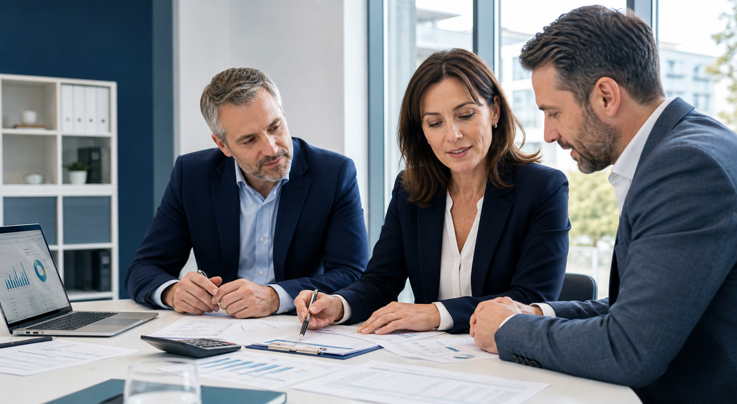 Drei Finance Professionals analysieren Bilanz und Financial Reporting – AI GENERATED