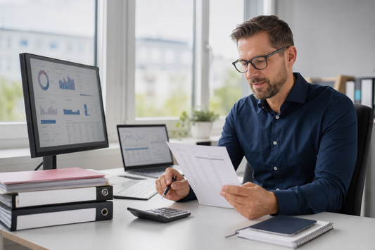 Payroll-Fachkraft prüft Monatsabrechnungen und digitale Auswertungen