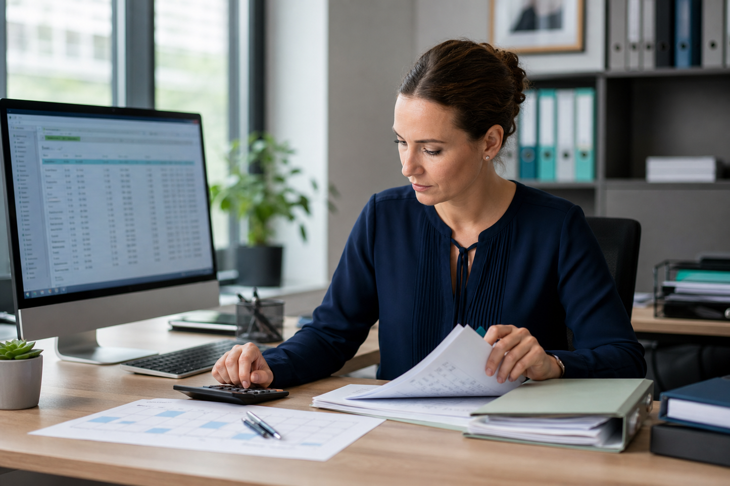 Payroll-Fachkraft prüft Lohnabrechnungen und Personaldaten