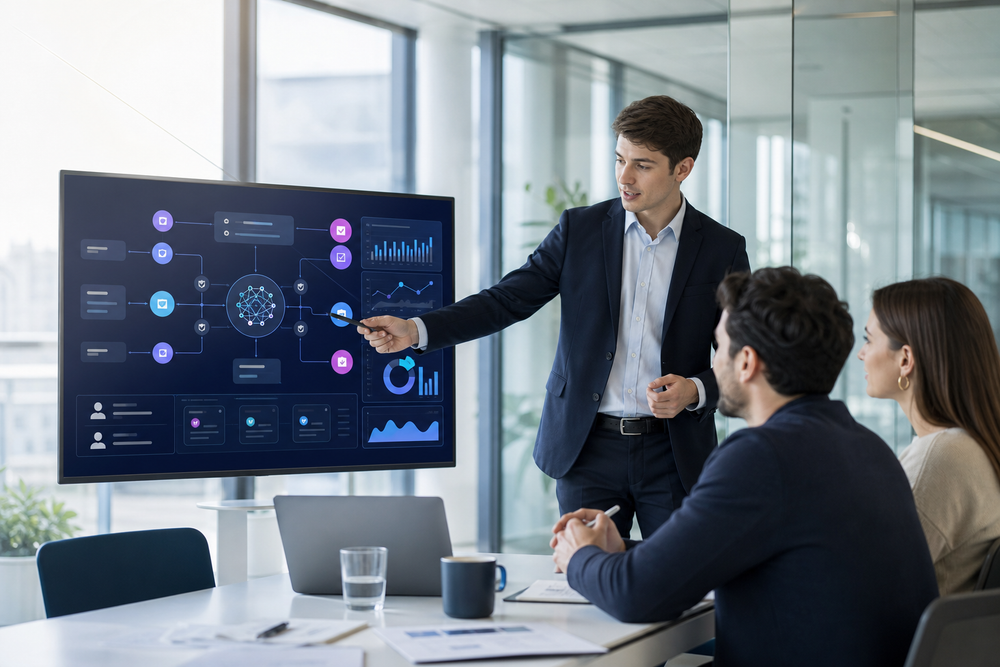 Junior KI-Manager erklärt ein KI-, Governance- und Finance-Workflowmodell