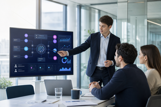 Junior KI-Manager erklärt ein KI-, Governance- und Finance-Workflowmodell