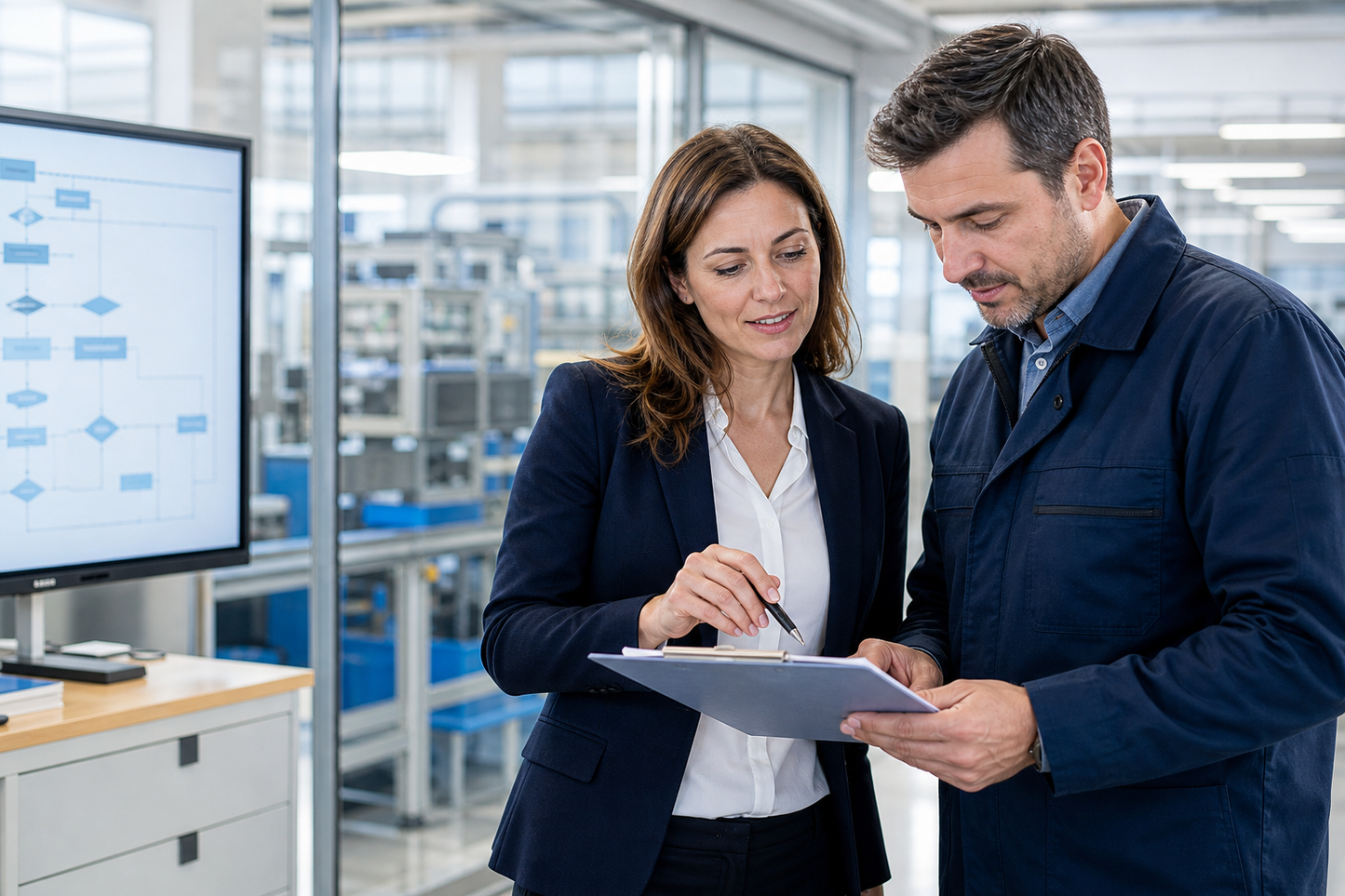 Qualitätsmanagementbeauftragte prüft gemeinsam mit einem Kollegen Prozesse in einem modernen Produktionsumfeld