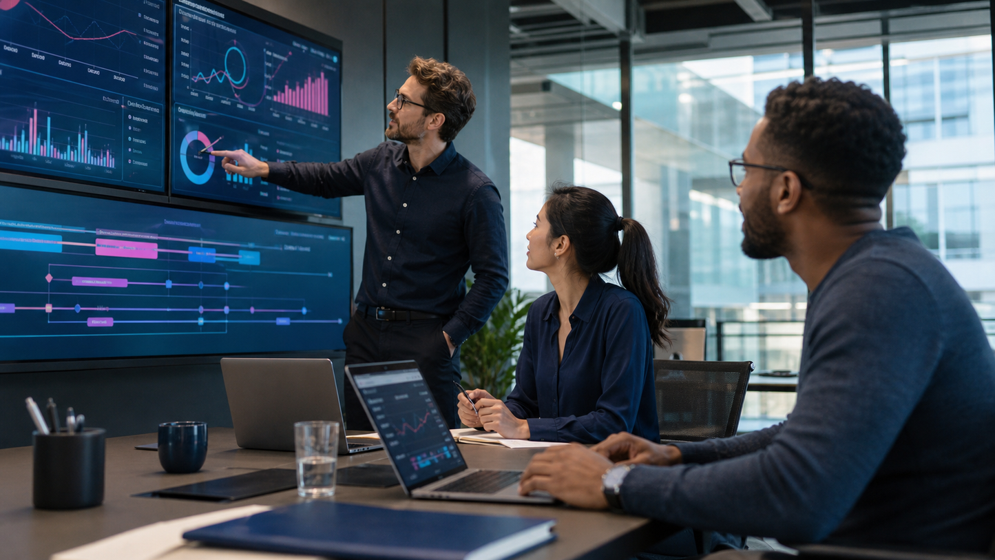 Teilnehmende analysieren SEO-Rankings, Suchkampagnen und Zeitverläufe in einem modernen Marketing-Dashboard