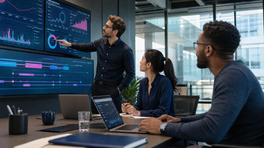 Teilnehmende analysieren SEO-Rankings, Suchkampagnen und Zeitverläufe in einem modernen Marketing-Dashboard