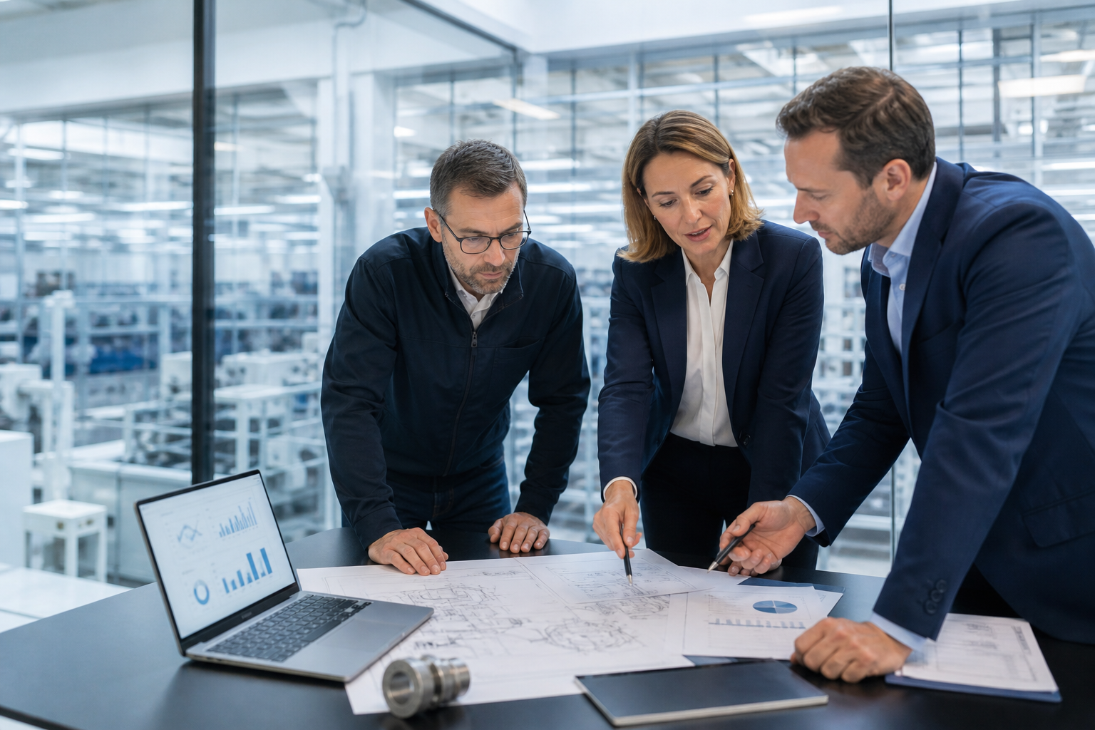 Technische und kaufmännische Fachkräfte analysieren Produktionsprozesse und Kennzahlen – AI GENERATED